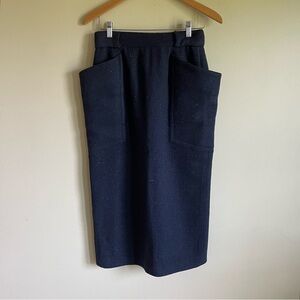 Vintage 100% Wool Midi Skirt Exaggerated Large Pockets Dark Navy Blue Long Maxi
